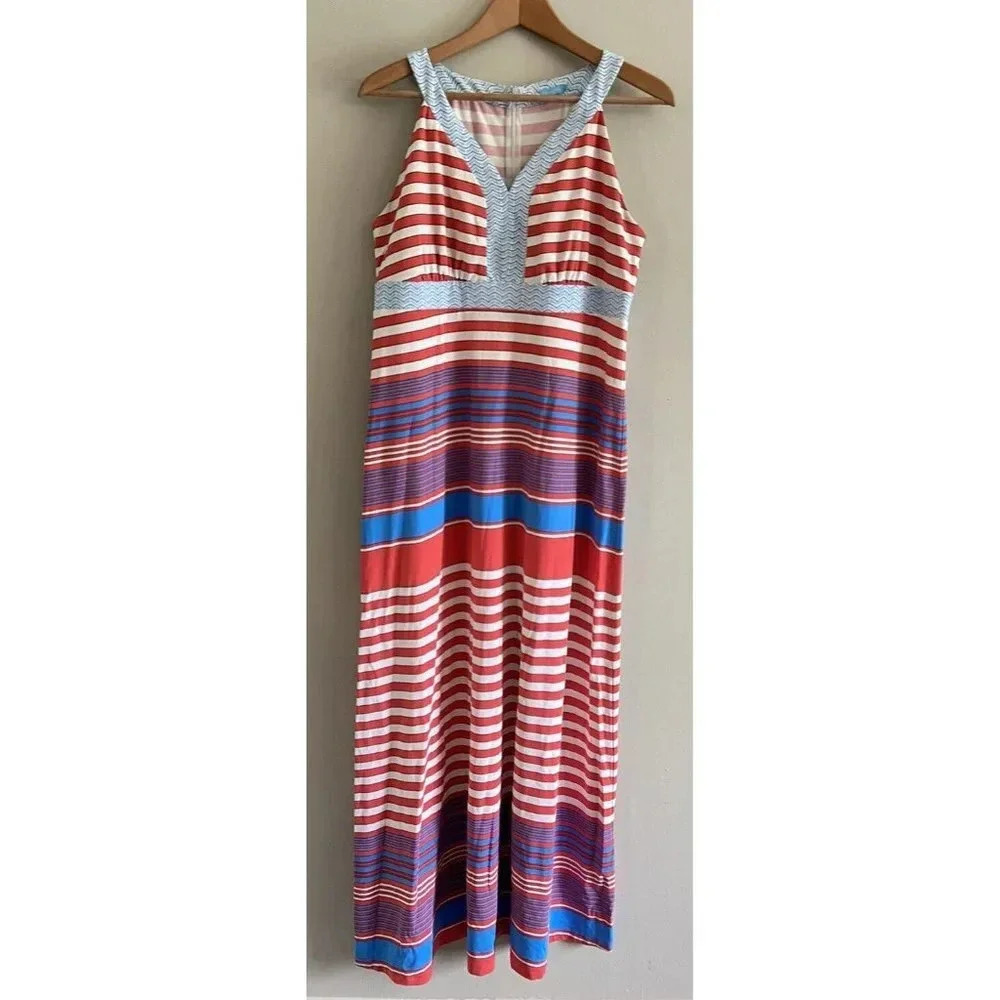 J.McLaughlin Maxi Dress Long Red Blue Cream Stripe Large L